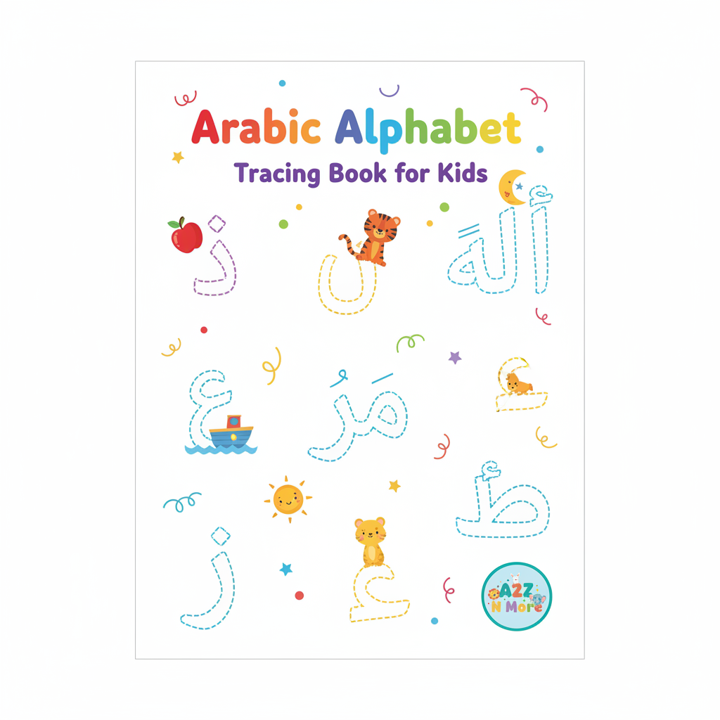 Arabic alphabet tracing book cover with A2Z N More logo