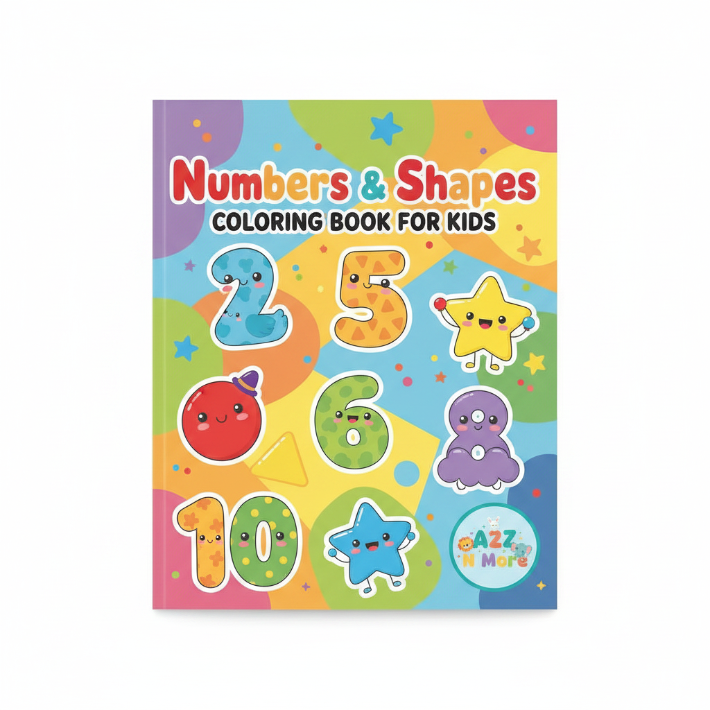 Numbers and shapes coloring book cover with A2Z N More logo