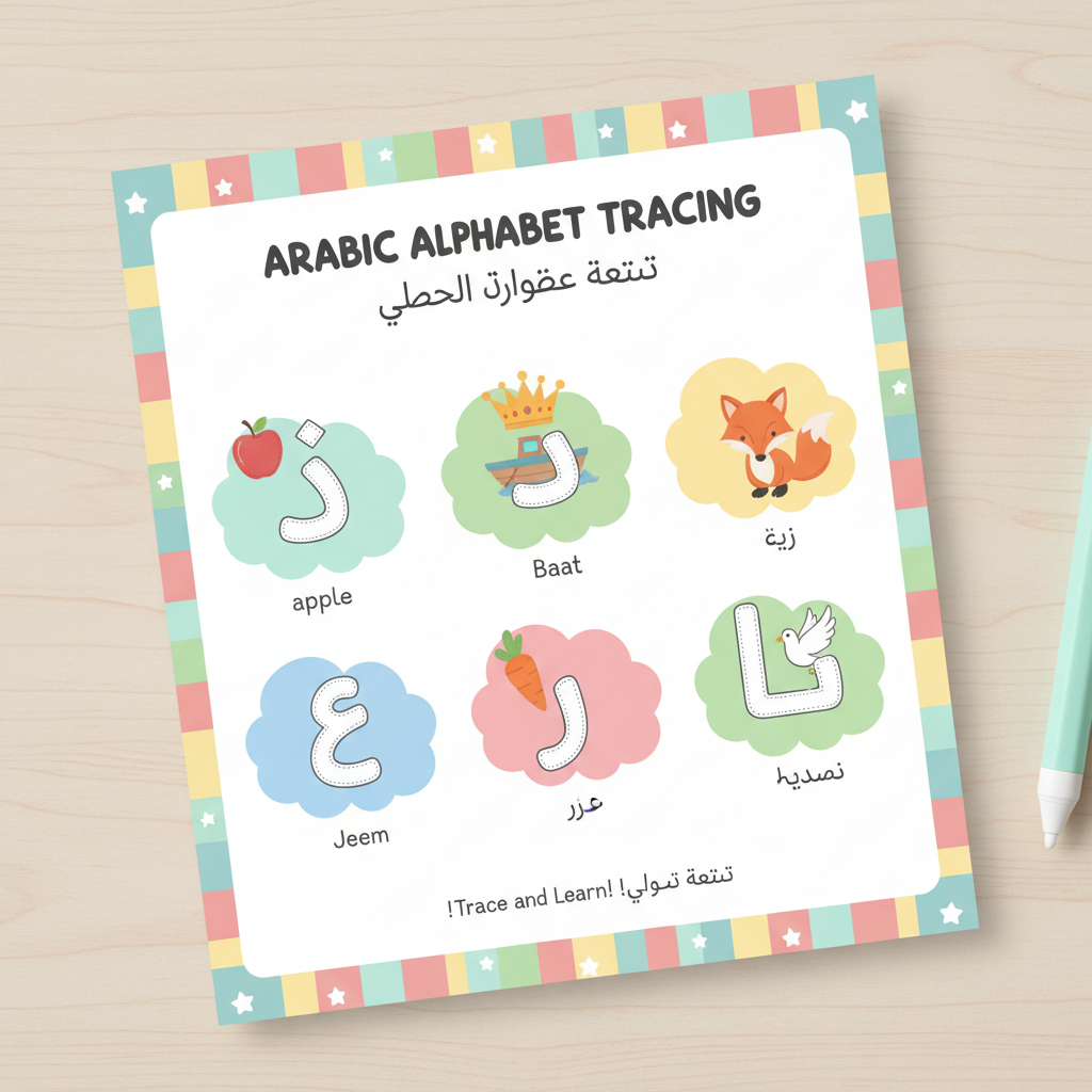 Arabic alphabet tracing worksheet preview for kids - bilingual PDF instant download