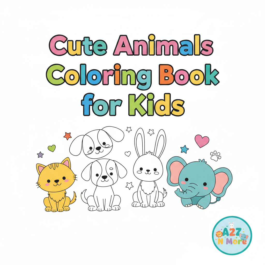 Cute animals coloring book cover with A2Z N More logo